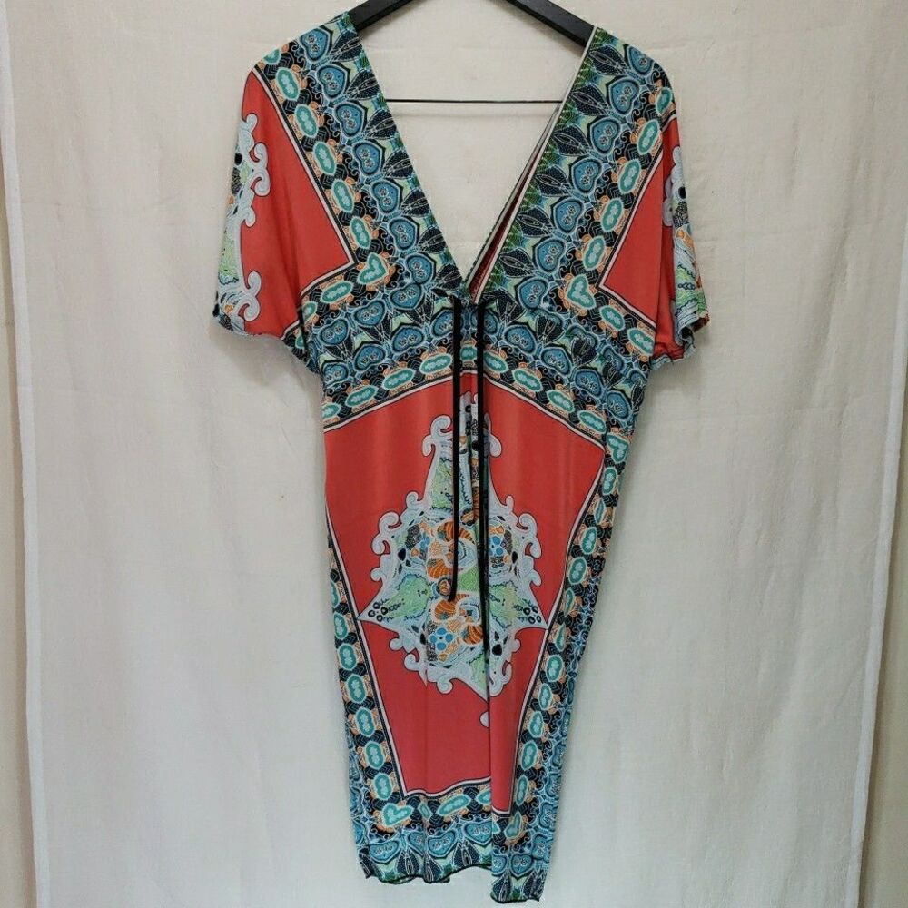 Boho Geometric Medallion Kaftan Dress V-Neck Coral Blue Mini Tunic Kimono Sleeve
